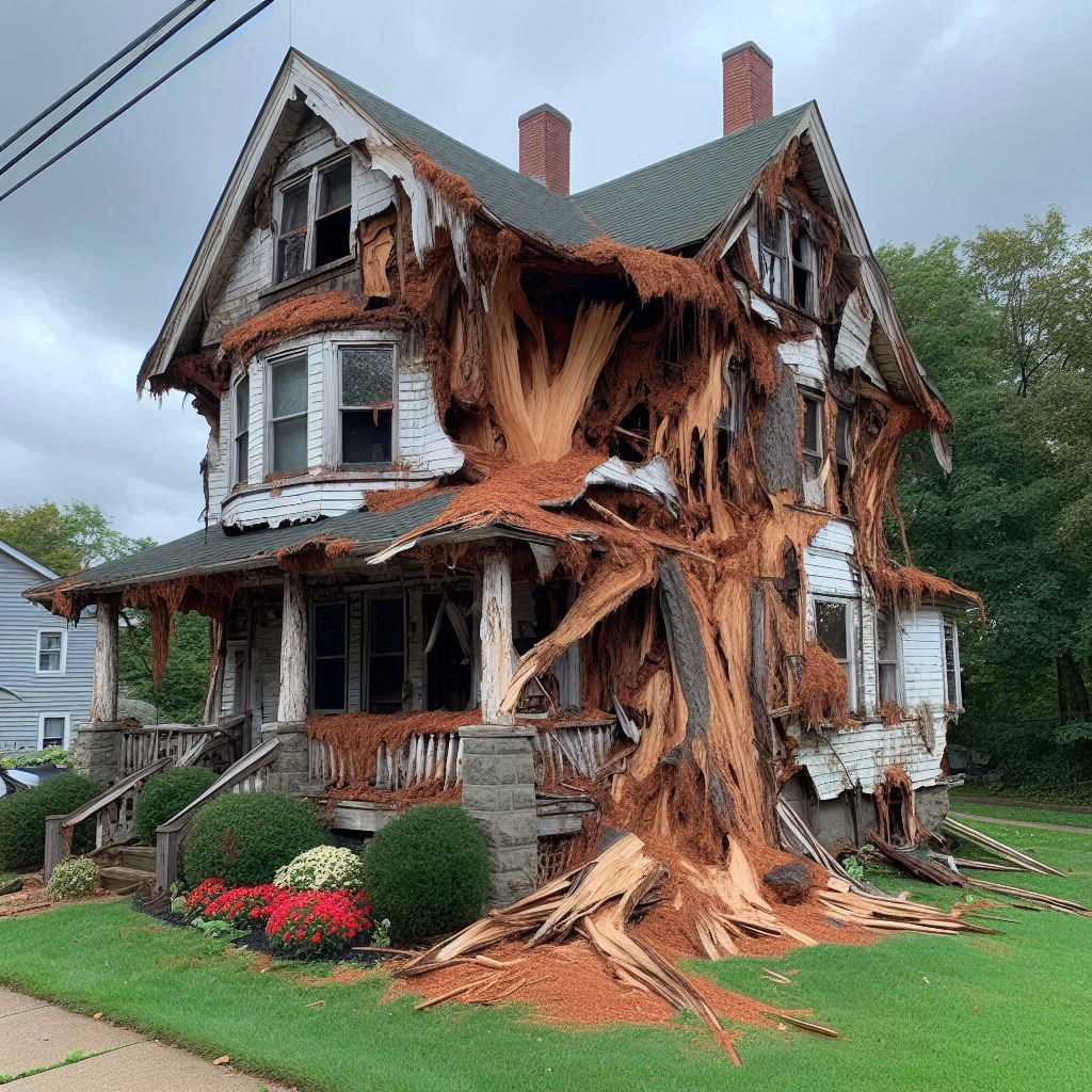 Damaged tree on an Rockport home showing signs of disease and decay